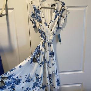 NWT! Blue & White Wrap Dress with High-Low hem.